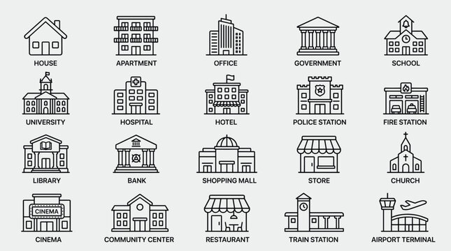 Set of building icons including residential commercial and public service structures represented by minimalist thin black line art designs for urban planning maps.