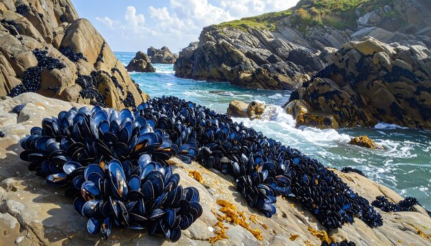 Coastal scene. Numerous clustered dark blue shellfish clinging to rocks beside a vibrant turquoise sea with rocky cliffs in the background