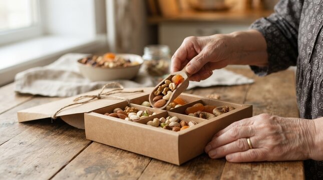 Elderly Woman Preparing Healthy Mixed Nuts and Dried Fruit Gift Box for Holidays