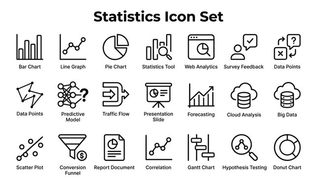 Statistics icon set features line graph, bar chart, pie chart, web analytics, and data points, ideal for business and finance analysis.
