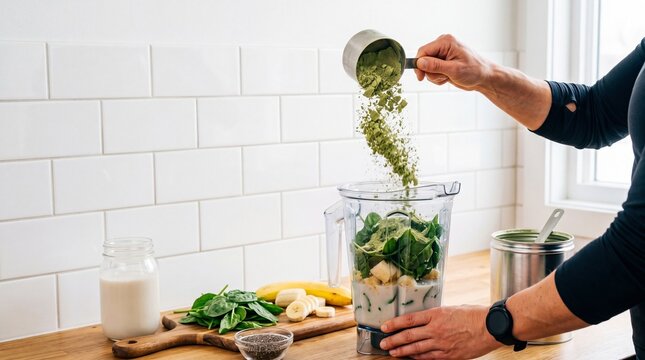 Making Green Smoothie Bowl with Fresh Spinach and Banana