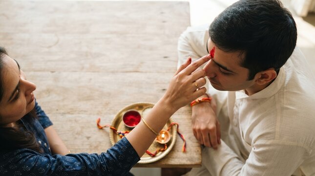 Indian sister applying tilak on brother forehead for traditional festival celebration at home