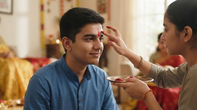 Indian sister applying tilak on brother forehead celebrating traditional festival at home