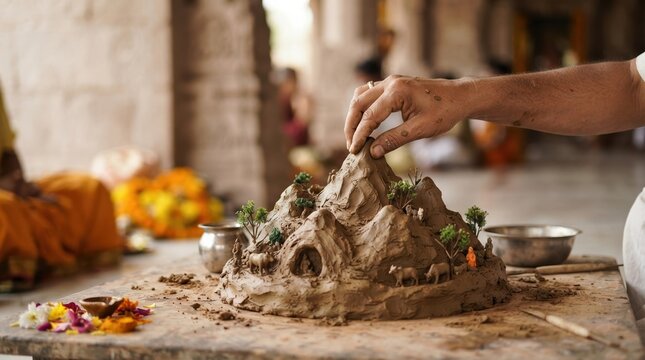 Hand sculpting clay Govardhan mountain model for Hindu religious festival celebration