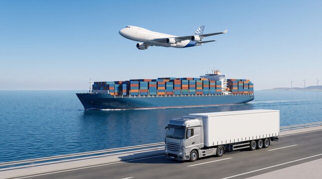 Global Logistics Transportation by Air Sea and Land &ndash; Cargo Ship Airplane and Freight Truck in Efficient Trade Operation