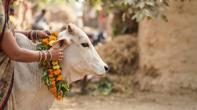 Indian Woman Offering Marigold Garland to Sacred Zebu Cow in Rural Village Setting Representing Hindu Tradition and Animal Worship