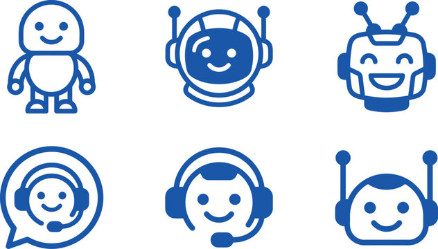 Set of smiling blue robot and customer service icons