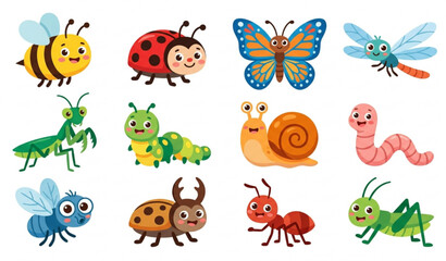 Cute cartoon insect vector set with bee butterfly ladybug dragonfly and bug characters isolated on white © MstLima