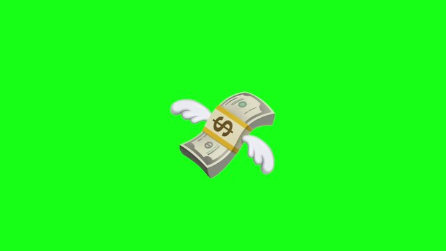 3D animation of a stack of dollar bills with wings flapping on a green screen background