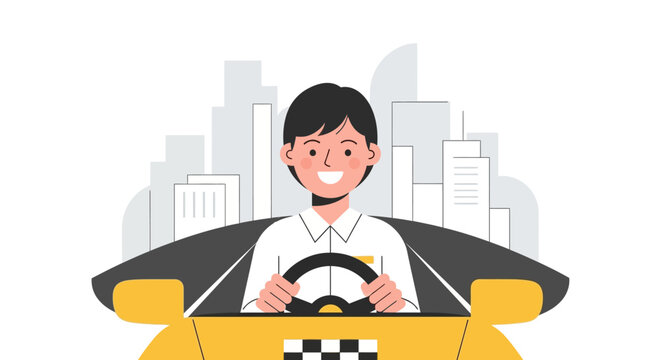 Happy young male driver in a yellow taxi cab driving through a modern city with urban skyline in background, flat vector illustration.