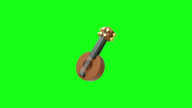 3D animated icon of a brown guitar or ukulele musical instrument rotating slowly on a chroma key green screen background, ideal for acoustic and relaxing music content
