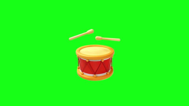  3D Animated Red Drum Musical Instrument Icon on Green Screen 3D animated video of a red drum musical instrument with gold ornaments and drumsticks beating a rhythm on a chroma key green screen