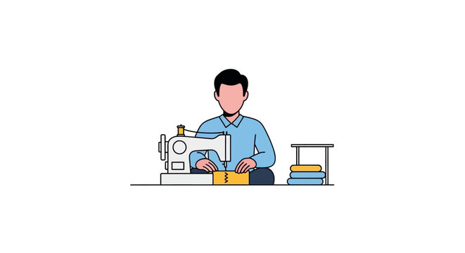 Illustrative vector of a person sewing with a machine, tailoring clothes, textile work, garment production, and handicraft.