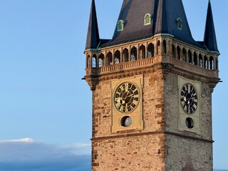 Fototapeta premium Old Town Hall clock tower at Stare Mesto, Prague, Czechia.