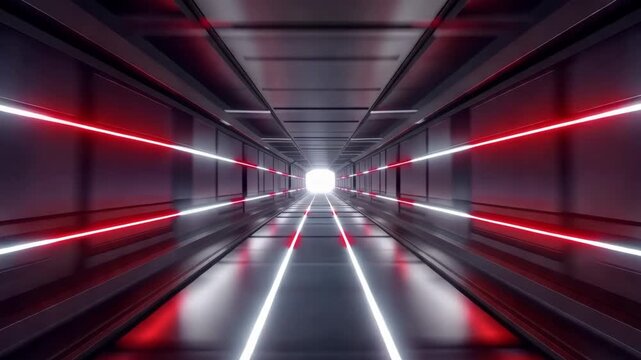 POV tracking shot moving through a futuristic sci-fi corridor with glowing neon lights