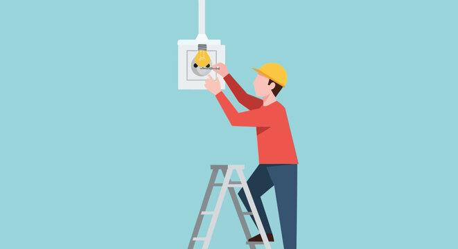 Professional electrician or handyman installing, repairing, or performing maintenance on an electrical outlet on a wall, standing on a ladder.