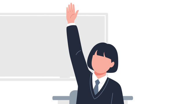 Student raising hand in classroom. Education concept of participation, learning, asking questions, and engagement. Flat vector illustration.