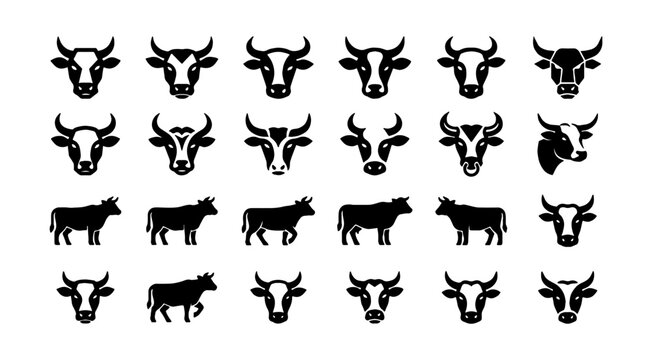 Mega set of cow and bull head icons, farm animal silhouettes vector illustrations.