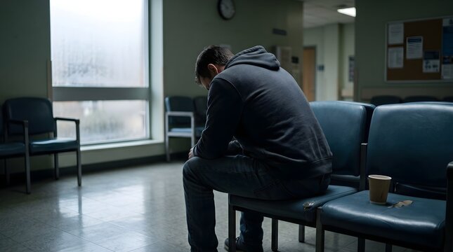 Depressed man sitting alone in hospital waiting room, lonely person in clinic hallway, cinematic shot of grief and mental health struggle
