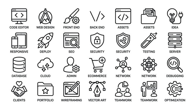 Web development and software engineering icon set covering coding design deployment security and infrastructure tools for modern digital product design and dev.