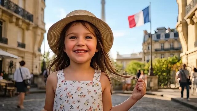 A young girl celebrates Bastille Day in Parisian street