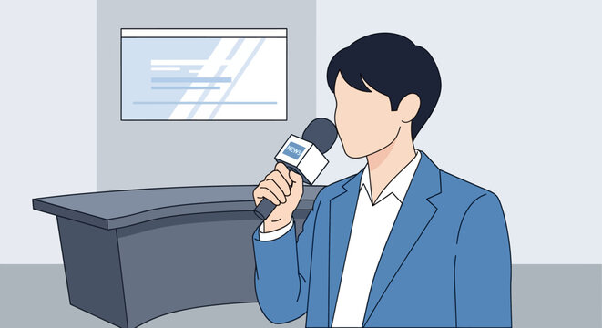 Professional male news reporter holding a microphone in a broadcast studio. Flat vector illustration of a journalist presenting live news or an interview.