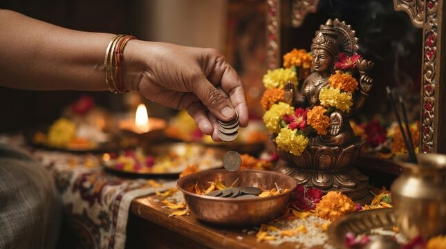 Indian woman offering coins to Goddess Lakshmi statue for wealth and prosperity during Hindu religious prayer ritual