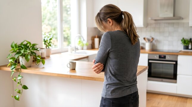 Depressed woman standing alone in modern kitchen, sad lonely female feeling stressed at home, upset person suffering from mental health issues