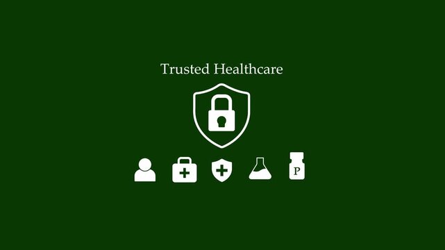Trusted healthcare icon animation shield padlock text medical privacy hospital safety cloud secure network concept white minimalist loop motion graphic isolated on dark green background.