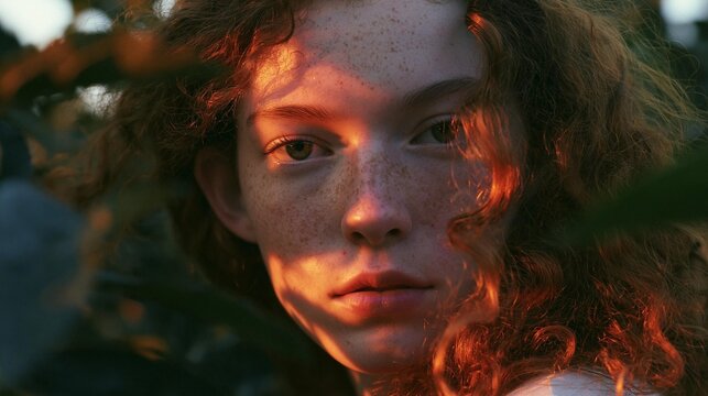 Close-up portrait of a young woman's face. she has curly red hair and freckles on her face, and her eyes are looking directly at the camera.