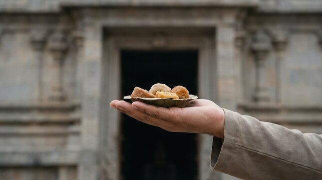 Hand holding traditional Indian temple prasad sweets on a leaf plate in front of an ancient stone temple entrance