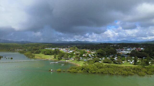 An aerial view of the Urunga town by the river in NSW, Australia