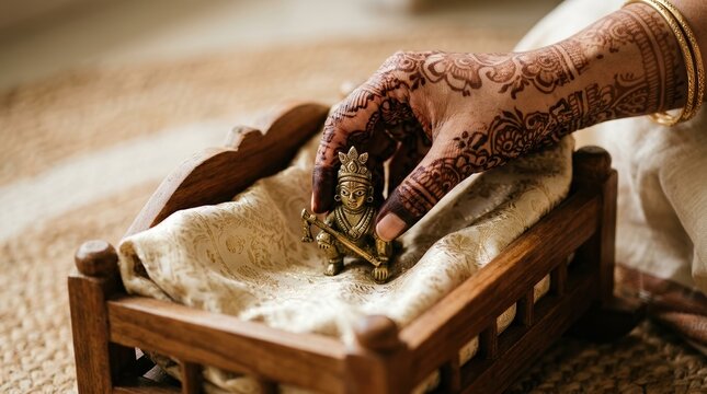 Indian woman with henna hands placing brass Bal Gopal idol in wooden cradle for Janmashtami worship