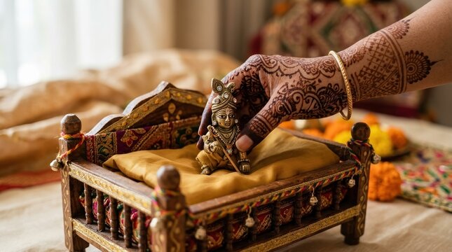 Hand with Henna Placing Laddu Gopal Idol on Wooden Bed for Janmashtami Rituals