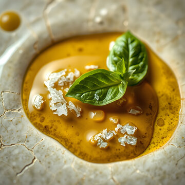 Abstract macro of olive oil, sea salt, and basil leaf texture on cracked ceramic