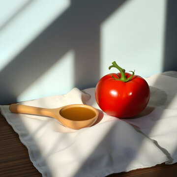 Diagonal morning light casting sharp shadows from olive oil dipper and tomato on crumpled linen