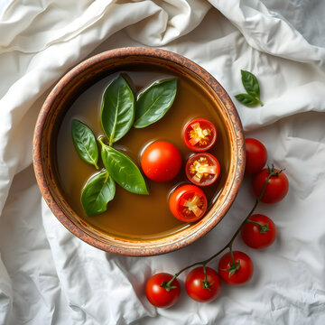 Top-down view of olive oil bowl with floating basil leaves and cherry tomato halves on crumpled linen