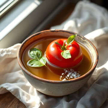 Backlit olive oil bowl with submerged cherry tomato and floating basil, sea salt rim on linen