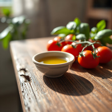 Extreme low angle of olive oil bowl with cherry tomatoes and basil on weathered table edge