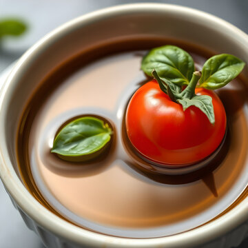 Tomato reflection in olive oil bowl with floating basil leaf