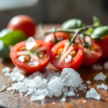 Macro focus on sea salt crystals with soft tomato basil blur