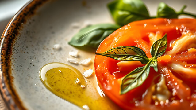 Close-up of ceramic plate edge with olive oil residue, salt flakes, basil leaf, and tomato slice