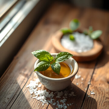 Narrow morning light beam on single basil leaf over olive oil bowl