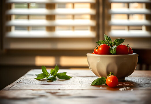 Striped window shadow on tomato and olive oil still life