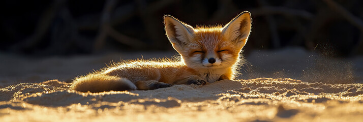 Fototapeta premium Tranquil fennec fox resting peacefully on warm desert sand, captured in beautiful cinematic golden hour lighting with soft backlighting highlighting its delicate fur texture