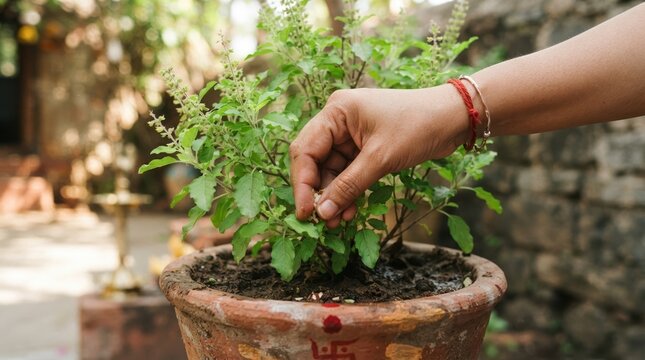 Indian Woman Hand Plucking Holy Basil Tulsi Leaves for Rituals in Terracotta Pot at Home Courtyard