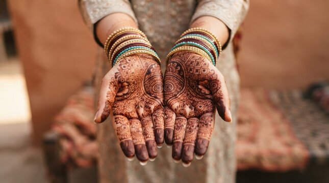 Close up of Indian bride hands with intricate henna mehndi design and colorful bangles for wedding ceremony