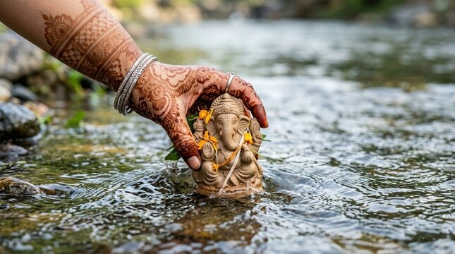 Indian woman hand with henna immersing clay Ganesha idol in river for eco friendly visarjan ritual