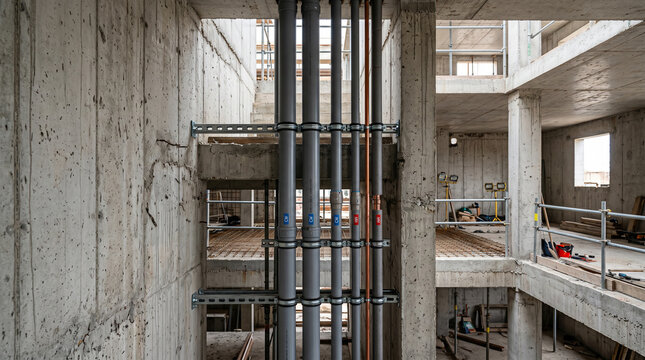 Ultra realistic vertical plumbing inside industrial building