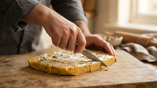 Person Cutting Traditional Indian Kaju Katli Sweet with Silver Leaf on Wooden Board for Festive Celebration